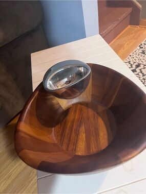 Nambe Wooden Serving Bowl with Stainless Steel Dip Bowl - Brown